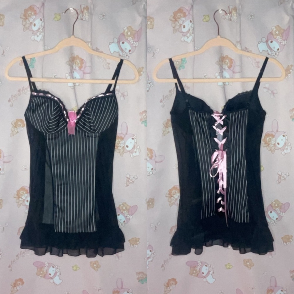 Dream Girl Black Mesh Slip with Pink Pinstripes and Bow